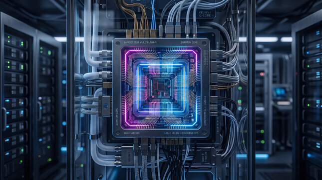 Futuristic quantum computer processor core with glowing neon circuits in a high-tech data center server room.
