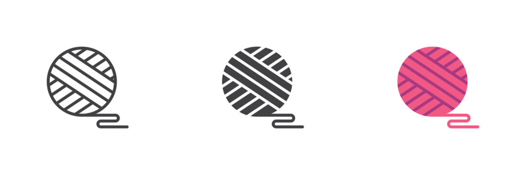 Round yarn spool icon in line, solid, flat colorful color vector sign symbol. Yarn spool icon set pack shows knitting wool ball with loose thread.
