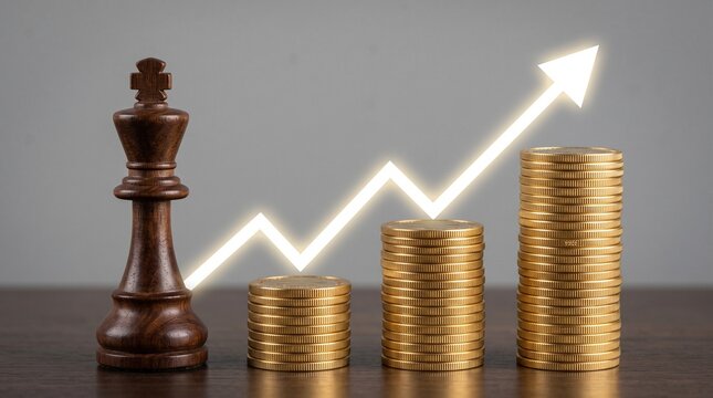 A chess king piece next to increasing stacks of gold coins with an upward arrow, symbolizing business strategy and financial growth.