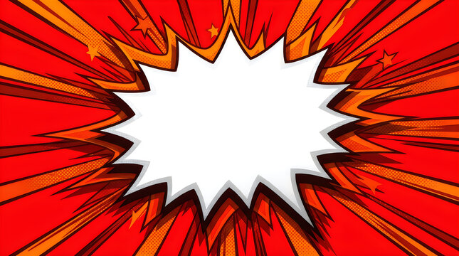 Comic book style explosion background with a white starburst shape and red rays