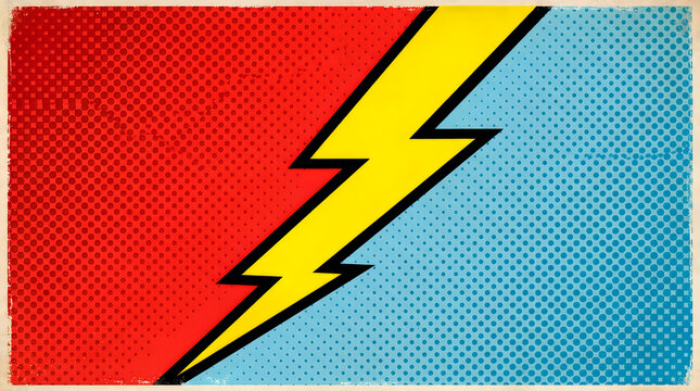 Vintage comic book style illustration of a yellow lightning bolt on a split background