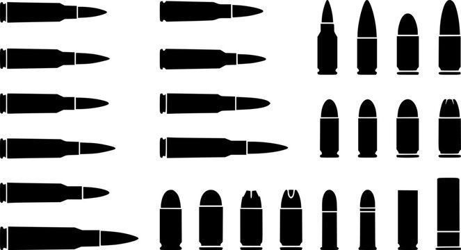 Set Of Flat Black Gun Rifle Bullet Ammo Vector Icons
