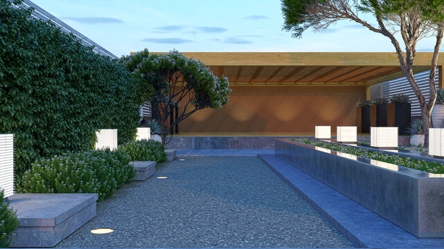 3D rendering of a beautiful architectural exterior landscape design. A modern backyard courtyard featuring a wooden pergola, gravel pathway, glowing bollard lights, concrete planter boxes, and lush gr