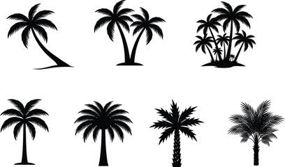 Fototapeta premium Set of tropical palm tree silhouettes with varied shapes and styles for design, illustration, and creative projects