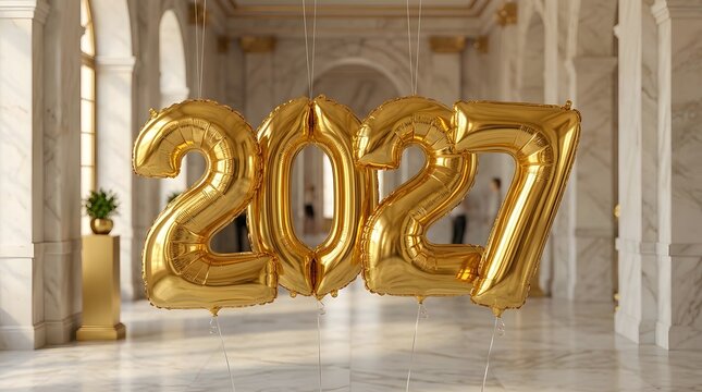 Golden foil number balloons displaying 2027 in an elegant interior setting