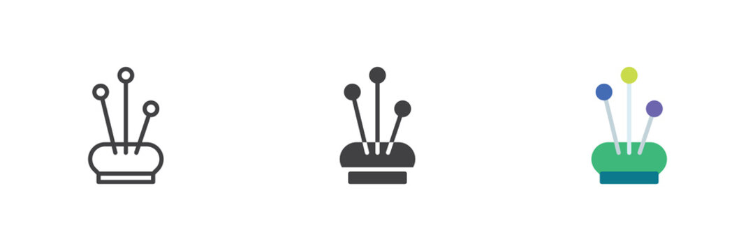 Sewing needles icon in line, solid and flat colorful vector icon set, with color pins in cushion sign and symbol for needlework, tailor and craft.