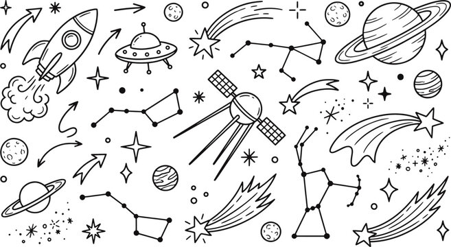Outer space doodle seamless pattern with planets rockets stars and constellations background constellations sketch universe elements galaxy doodle