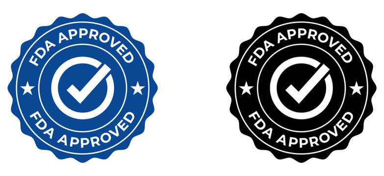 FDA approved certification seal with checkmark, circular quality assurance badge in blue and black