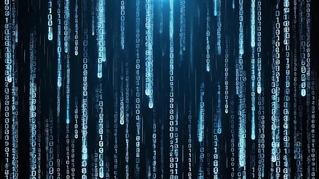 Abstract vertical blue digital data streams and glowing code rain effect in cyberspace background