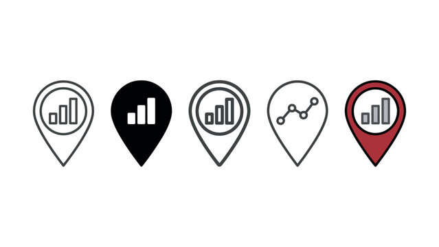 Set of map location pin icons featuring various business data charts