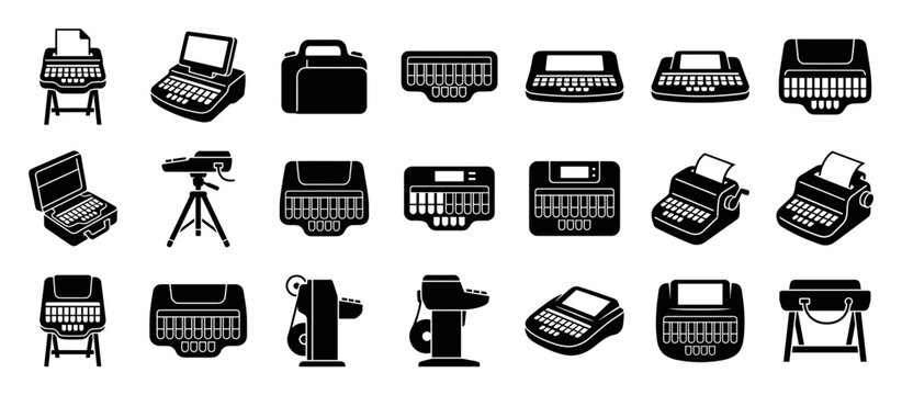 Collection of black stenotype machine icons and court reporting equipment silhouettes, including various models, a vintage typewriter, and a tripod in a simple graphic style