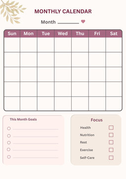 Minimalist Dusty Pink Prenatal Self-Care Calendar - Expecting Mom Monthly Goals and Wellness Habit Tracker with Health Nutrition Rest Exercise Checklist A4 Vector