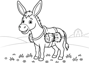 Naklejka premium Cute Donkey Coloring Page – Black and White Farm Animal Illustration