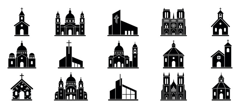 Set of fifteen black church building icons in various architectural styles, from traditional cathedrals to modern chapels, presented as a collection of flat vector silhouettes
