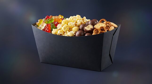 A black box filled with popcorn gummy bears chocolate balls and pretzels for a tasty movie night snack. cinema treat holde