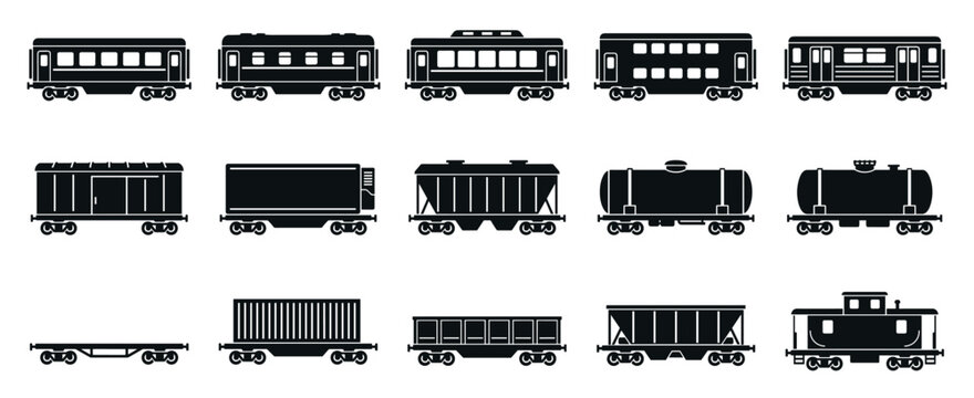 Collection of black train car silhouettes including passenger, freight, cargo, and tanker wagons presented in a minimalist flat icon set for transportation and industry concepts