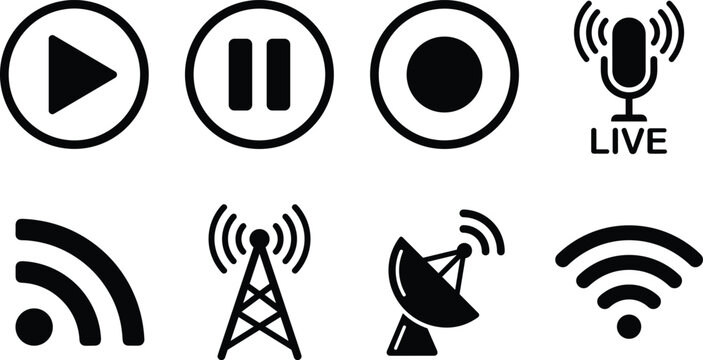 Black Media Communication Icon Vector Set Featuring Playback Recording and Wireless Signal Symbols