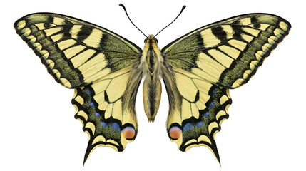 Fototapeta premium Detailed swallowtail butterfly with yellow black and blue wing patterns, isolated on transparent background