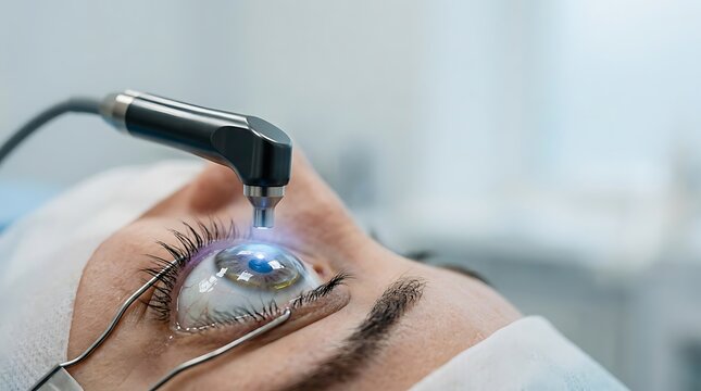 Patient undergoing keratoconus treatment with medical eye device
