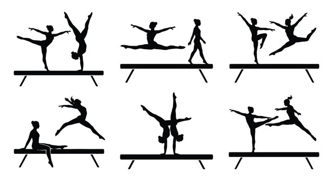 Gymnasts performing on balance beam black silhouettes on white background