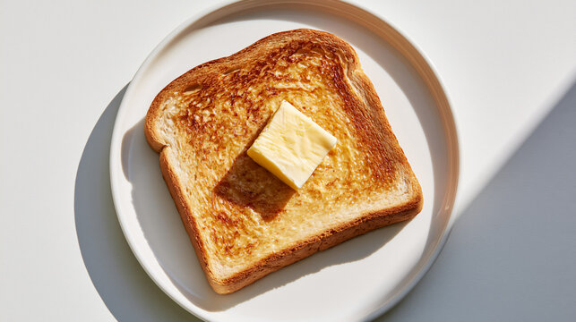 Toasted bread slice with a piece of butter on white plate