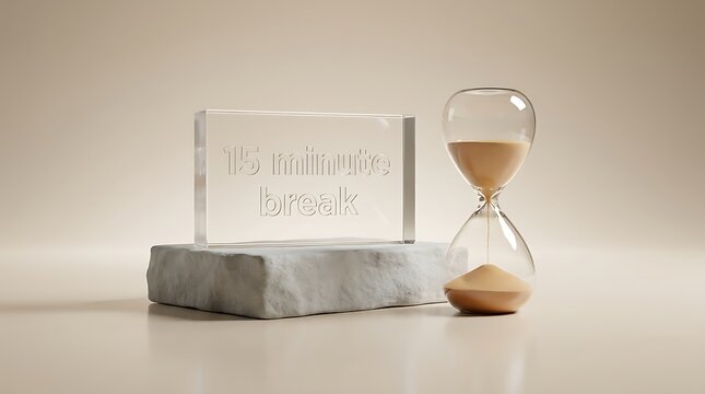 A conceptual 15 minute break sign engraved on a glass block beside an hourglass on a stone stand representing time management and productivity pause