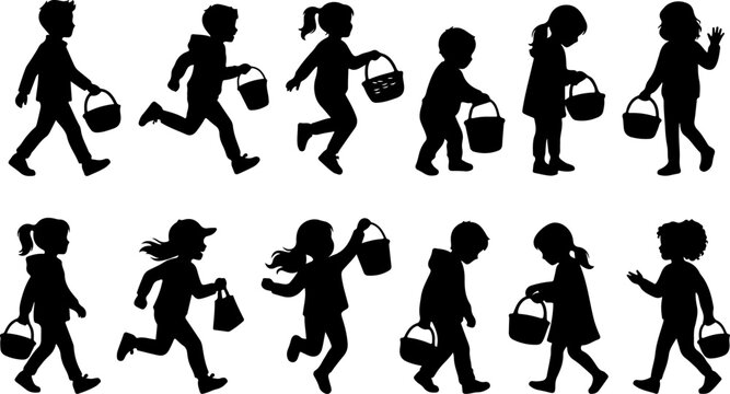 Silhouettes of children carrying buckets for trick or treat vector illustration