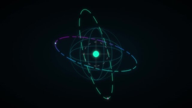 Abstract representation of atomic structure with glowing neon orbital paths and circular nodes in a digital space