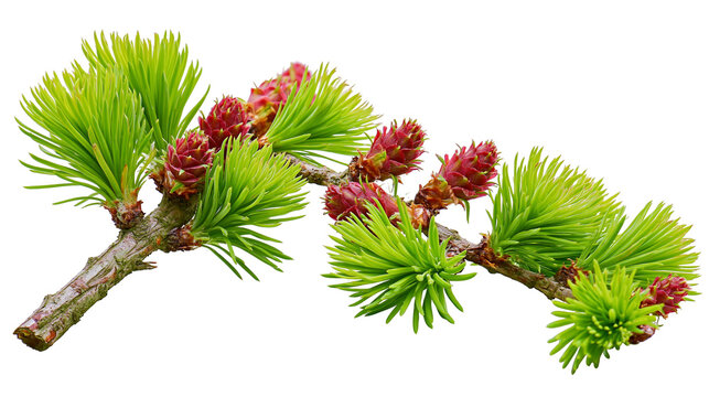 Larch tree branch with bright green needles and small red cones, isolated on transparent background