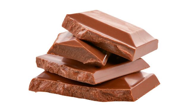 Broken milk chocolate bar pieces stacked, isolated on transparent background