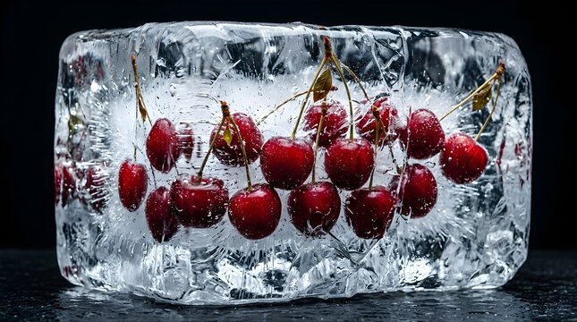 Fresh red cherries frozen inside a large crystal clear ice block cube