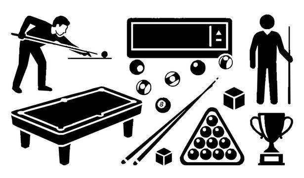Billiards vector icon collection with pool player, table, cue sticks, triangle rack, numbered balls, chalk cube, and trophy silhouettes