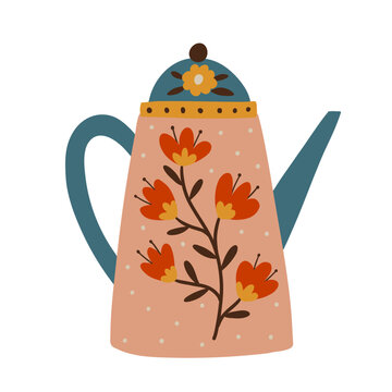 Decorative floral coffee pot with pink body, blue handle and spout, orange flowers and botanical branches. Colorful kitchen coffee maker isolated on white. Hand drawn kitchen illustration.