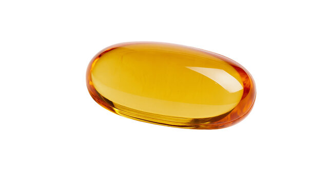 Amber oval softgel capsule filled with golden liquid, isolated on transparent background