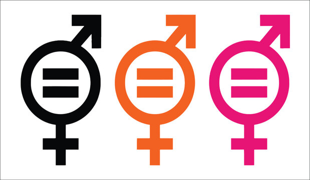 Gender equality icons, male and female symbols with equal sign representing diversity, inclusion, human rights, workplace equality and social awareness