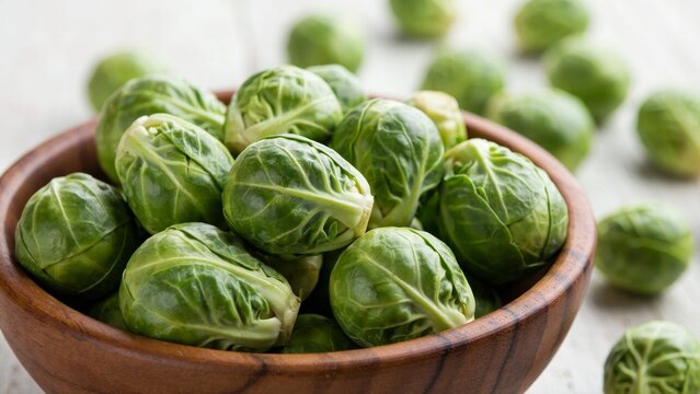 Fresh raw Brussels sprouts in a wooden bowl on a white rustic table background.