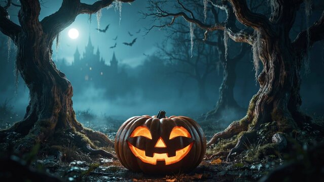 Glowing Jack-o-lantern in a spooky dark forest at night for Halloween background