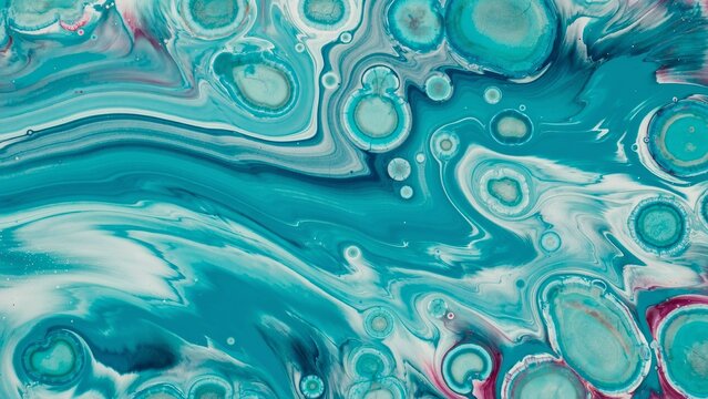 Abstract fluid art background with turquoise and white acrylic paint swirls and cells.