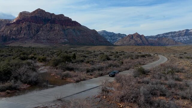 Aerial Flooded Road Red Rock Scenic Drive Nevada Desert
