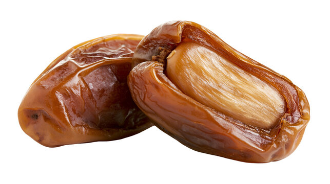 Two ripe Medjool dates one split revealing seed, isolated on transparent background