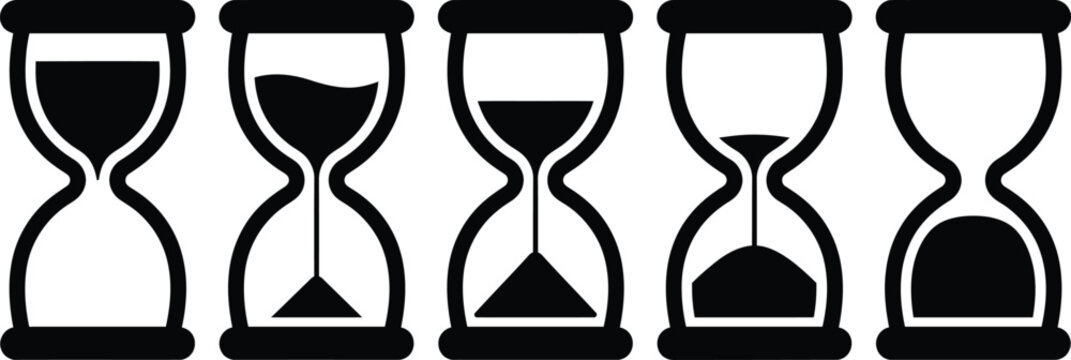 Hourglass time passing sequence silhouette icons showing sand timer stages with silhouette icon, black and white