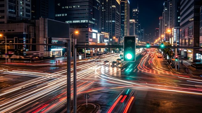 Illuminated urban intersection with green traffic light at night