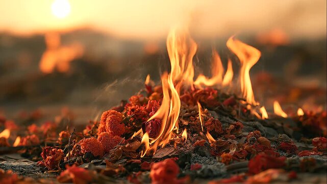 A solemn outdoor cremation scene at dusk burning orange flames rising from a pile of marigold and rose flowers laid over smoldering ashes, thin smoke drifting into the warm golden