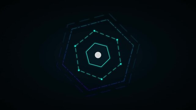 Abstract glowing blue hexagonal digital interface element with connected dots and dashed lines