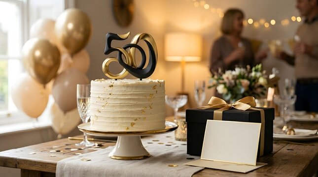 Elegant fifty birthday cake decorated with gold leaf and stylish number topper placed on a white pedestal dining table setting