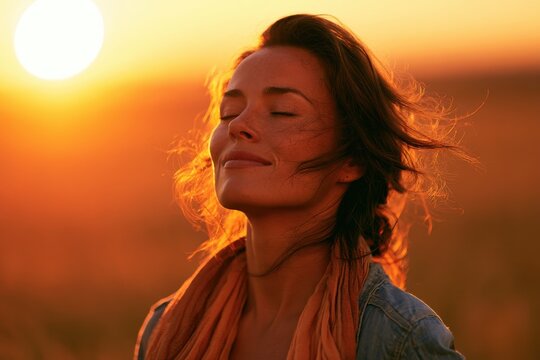 Backlit Portrait of calm happy smiling free woman with closed eyes enjoys a beautiful moment life on the fields at sunset