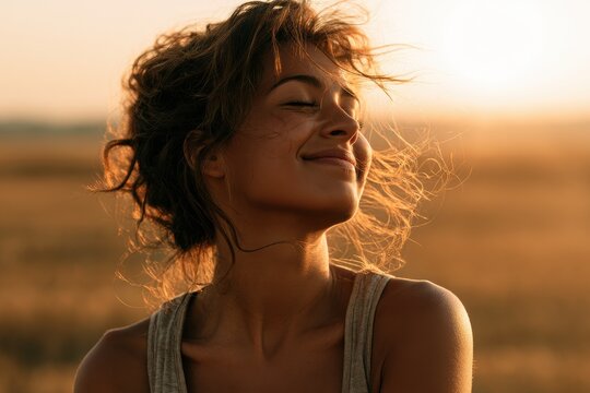 Backlit Portrait of calm happy smiling free woman with closed eyes enjoys a beautiful moment life on the fields at sunset