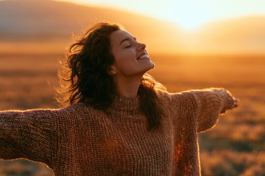 Backlit Portrait of calm happy smiling free woman with closed eyes enjoys a beautiful moment life on the fields at sunset