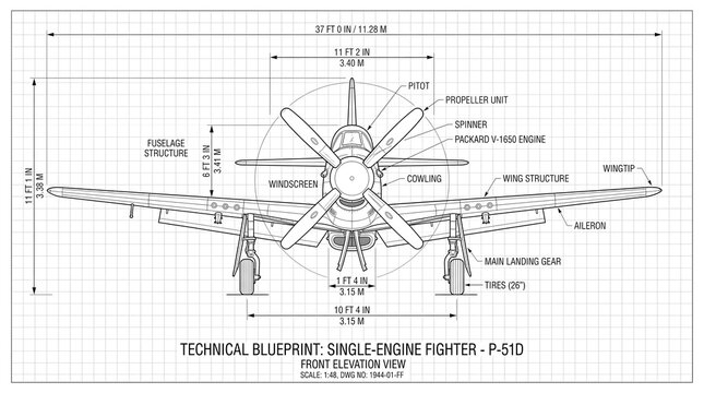 Technical blueprint of a classic single engine fighter airplane illustrating detailed front elevation engineering dimensions on a crisp white grid