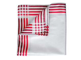Fototapeta premium A classic white cotton handkerchief with a bold red striped border and a checkered corner detail, neatly folded and isolated on a white background.